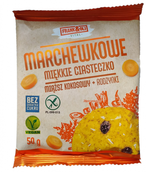 Marchewkowe miękkie ciasteczko z miążem kokosowym i rodzynkami 50g Marchewkowe miękkie ciasteczko z miążem kokosowym i rodzynkami 50g