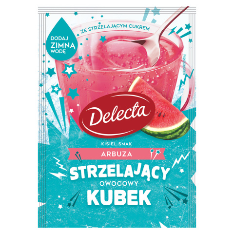 Delecta Owocowy Kubek Kisiel na zimno z cukrem strzelającym smak arbuza 34g Delecta Owocowy Kubek Kisiel na zimno z cukrem strzelającym smak arbuza 34g