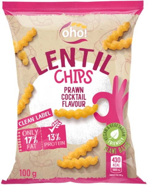 Oho Chipsy z czerwonej soczewicy o smaku koktajlowych krewetek 100g Oho Chipsy z czerwonej soczewicy o smaku koktajlowych krewetek 100g