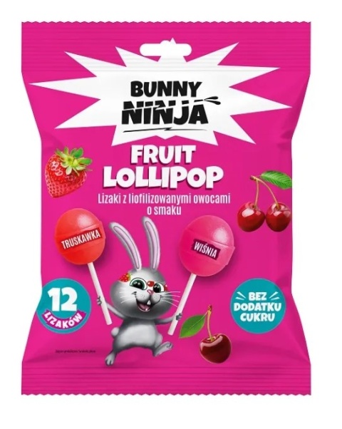 BUNNY NINJA Lizaki kulki o smakach truskawki i wiśni bez dodatku cukru 120g