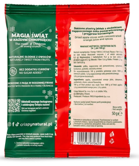 CRISPY NATURAL JABŁKA Suszone chipsy z jabłek pomarańczowo-korzenne 50g