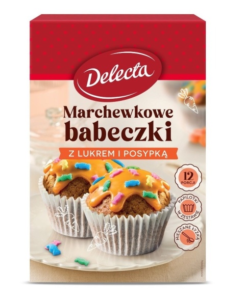 DELECTA Babeczki marchewkowe z lukrem pomarańczowym i posypką 360g